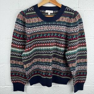 J.Crew Fair Isle Lambswool Blend Sweater Navy Multi Nordic Pattern Size L